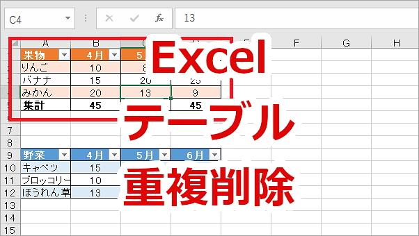 Excel テーブル内の重複データを簡単削除