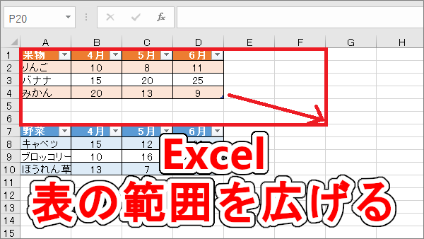 Excel テーブルの表の範囲を広げる簡単な方法